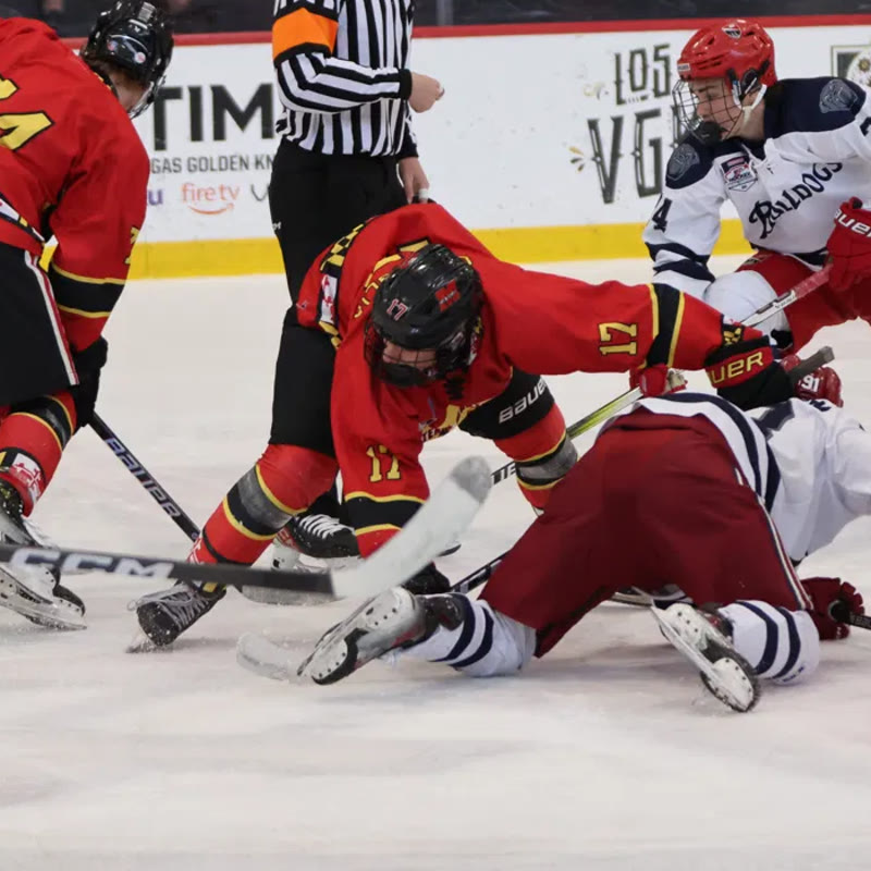 Coach Brayden, number 17, battling for a loose puck in front of the net during a game
